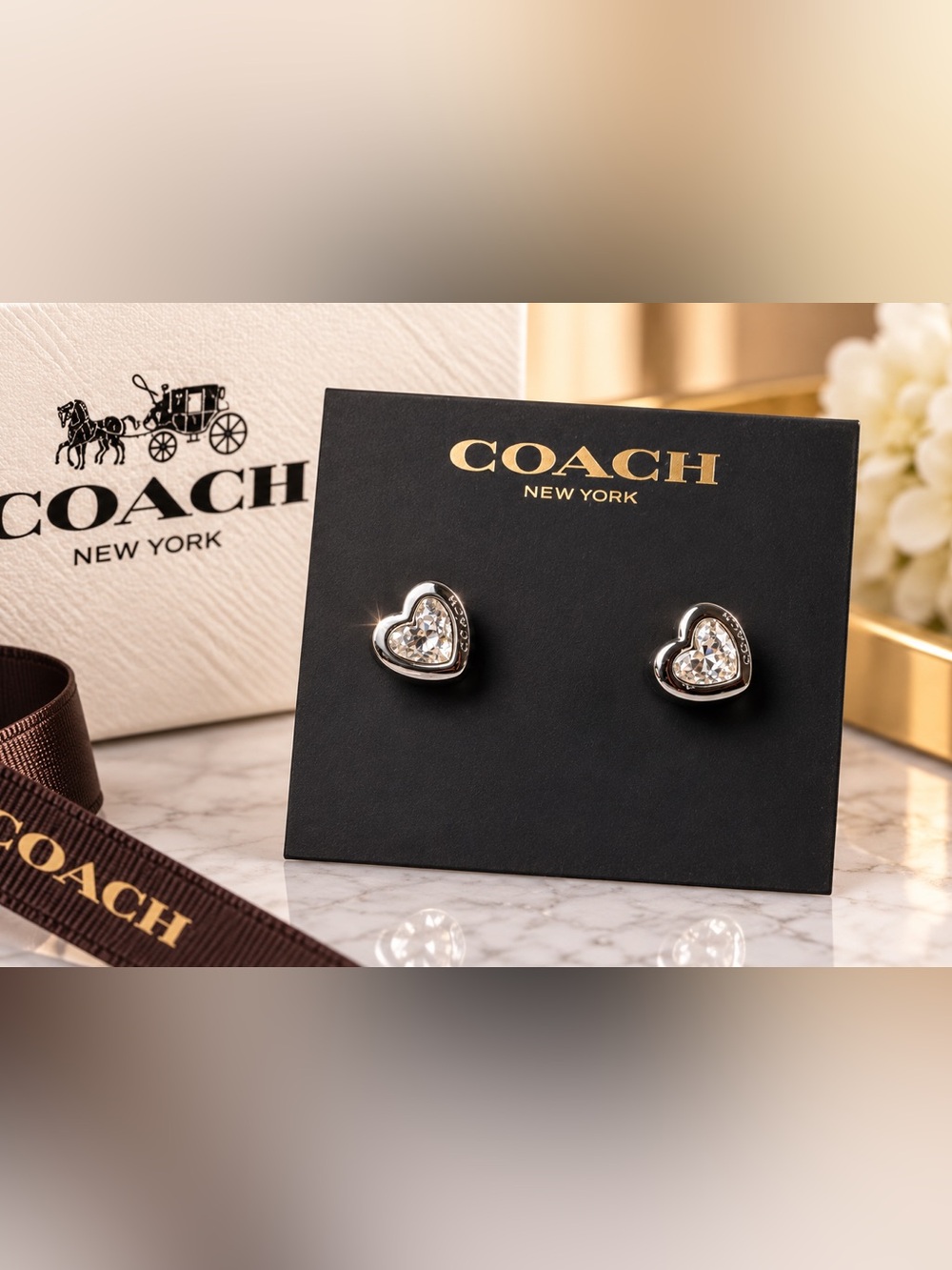 Coach Silver Heart Crystal Stud Earrings - Clear Stones